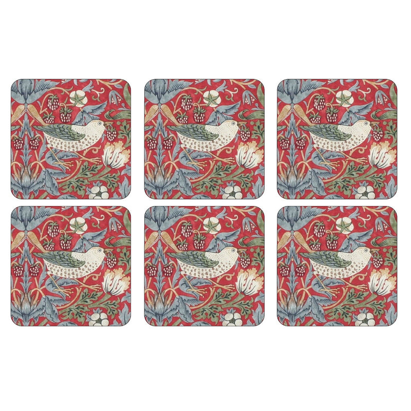 Morris & Co Strawberry Thief Set Of 6 Coasters - Red