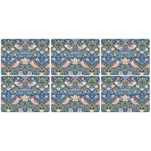 Morris & Co Strawberry Thief  Set Of 6 Placemats - Blue