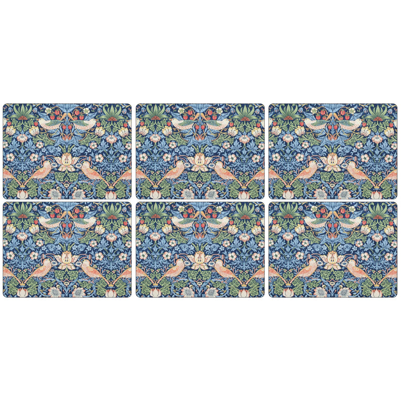 Morris & Co Strawberry Thief  Set Of 6 Placemats - Blue