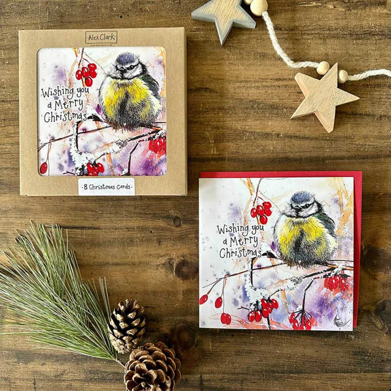 Alex Clark Pack Of 8 Christmas Cards - Merry Christmas - Blue Tit