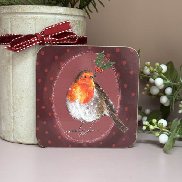 Alex Clark Christmas Coaster - Robin and Holly