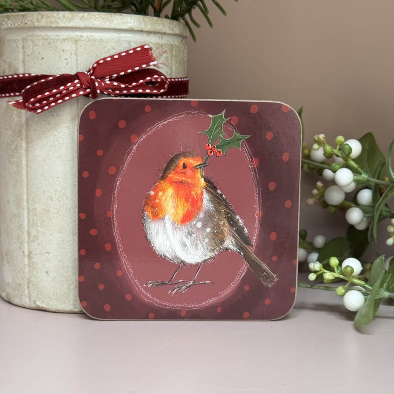 Alex Clark Christmas Coaster - Robin and Holly