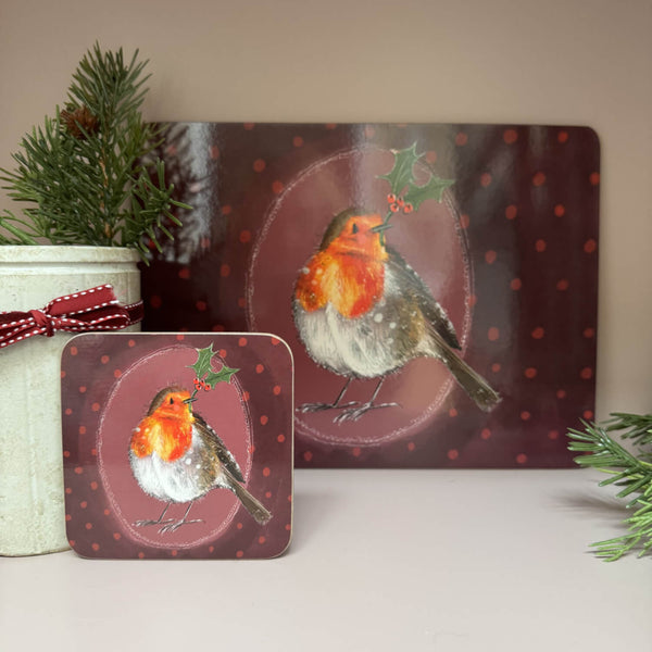 Alex Clark Christmas Coaster - Robin and Holly
