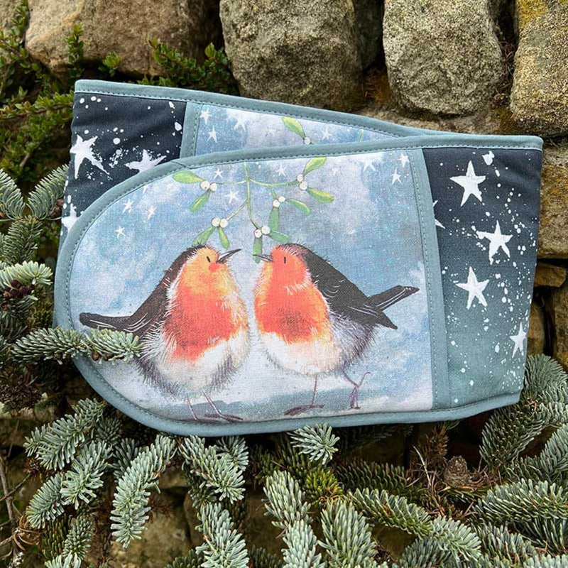 Alex Clark Christmas 100% Cotton Double Oven Gloves - Robins & Mistletoe