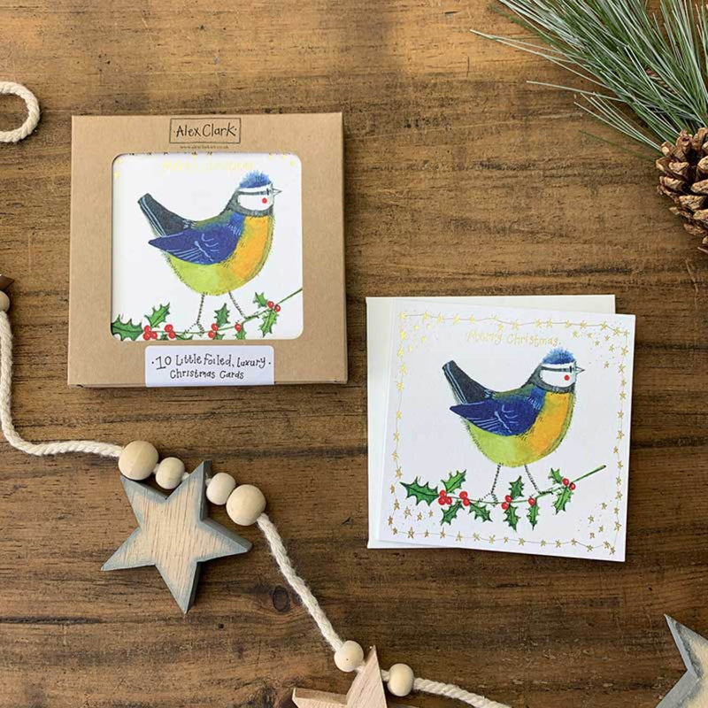 Alex Clark Pack Of 10 Little Foiled Luxury Christmas Cards -  Blue Tit & Holly