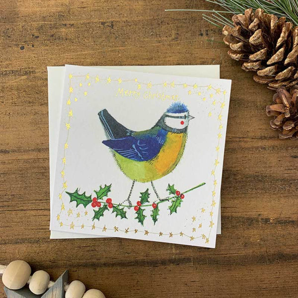 Alex Clark Pack Of 10 Little Foiled Luxury Christmas Cards -  Blue Tit & Holly