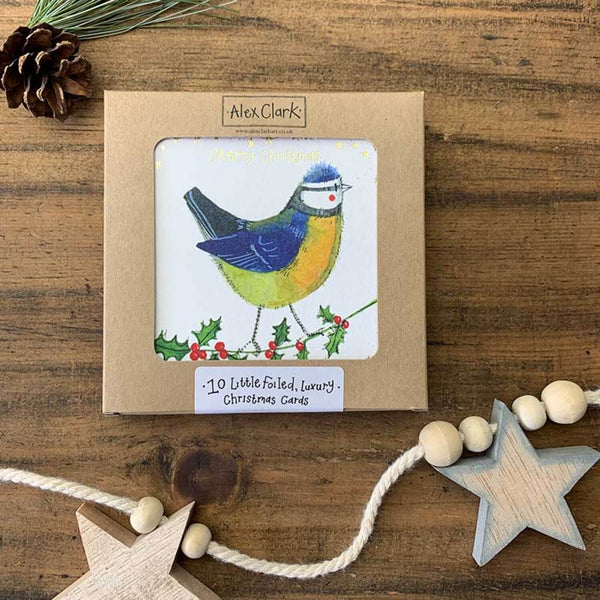 Alex Clark Pack Of 10 Little Foiled Luxury Christmas Cards -  Blue Tit & Holly
