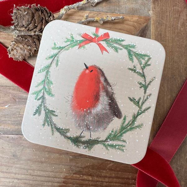 Alex Clark Christmas Medium Square Tin - Robin Wreath