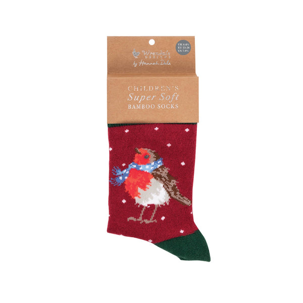 Wrendale Designs by Hannah Dale Childrens 6 to 8½ Bamboo Christmas Socks - Season's Tweetings - Robin