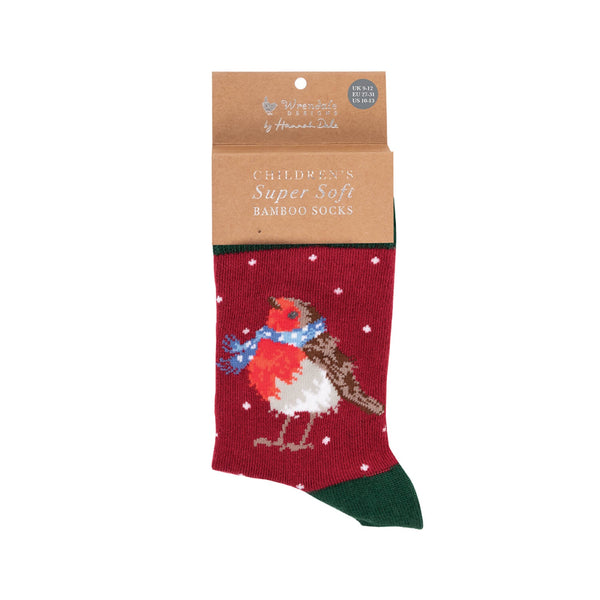 Wrendale Designs by Hannah Dale Childrens 9 to 12 Bamboo Christmas Socks - Season's Tweetings - Robin