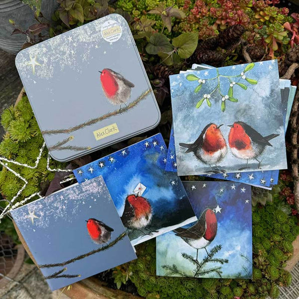 Alex Clark Christmas 16-Pack Notecard Tin - Robins