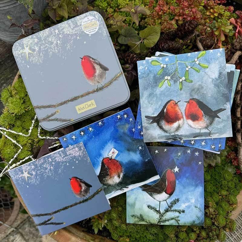 Alex Clark Christmas 16-Pack Notecard Tin - Robins