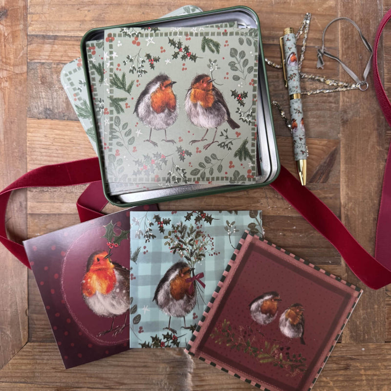 Alex Clark Christmas 16-Pack Notecard Tin - Christmas Robins