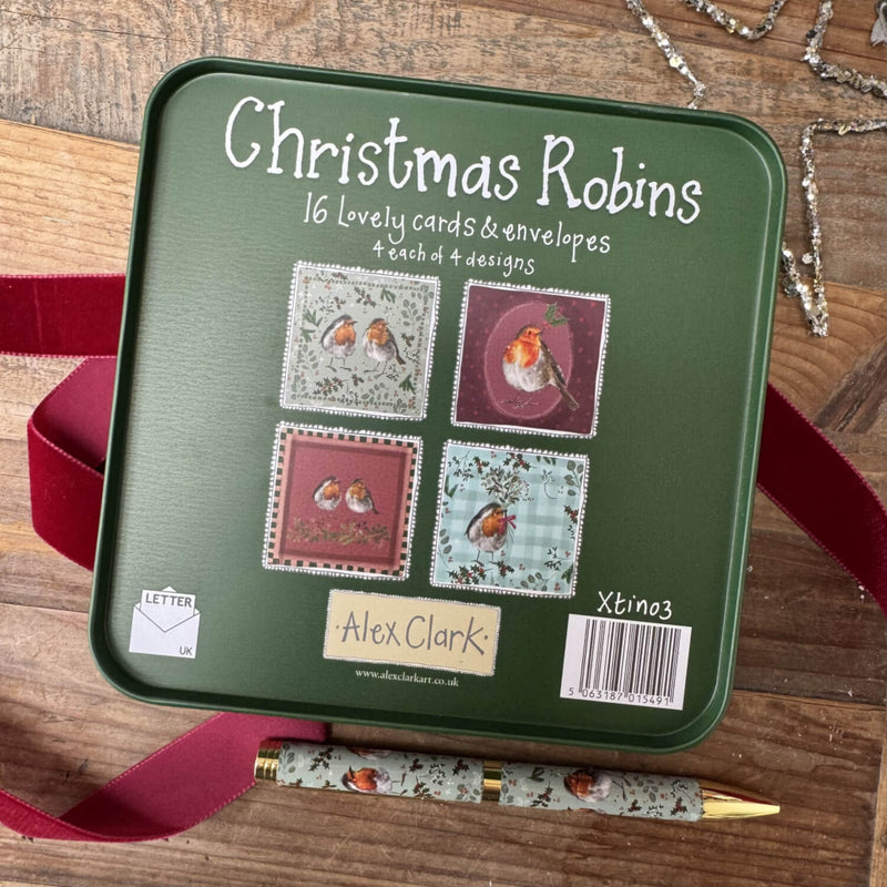 Alex Clark Christmas 16-Pack Notecard Tin - Christmas Robins