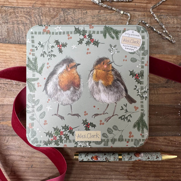 Alex Clark Christmas 16-Pack Notecard Tin - Christmas Robins