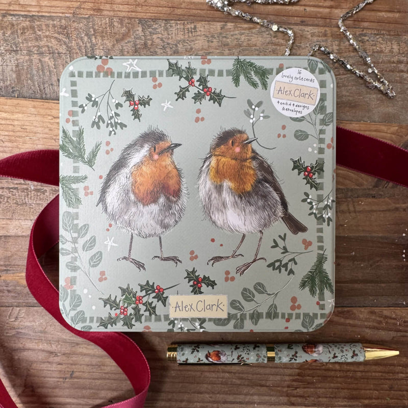 Alex Clark Christmas 16-Pack Notecard Tin - Christmas Robins