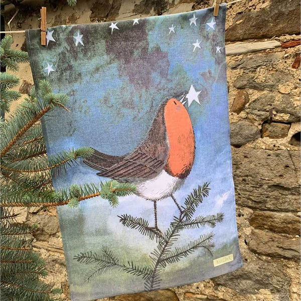 Alex Clark Christmas 100% Cotton Tea Towel - Robin & Stars