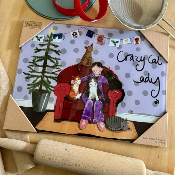 Alex Clark Christmas Glass Worktop Saver - Crazy Cat Lady