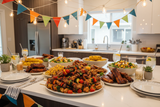 create a plate of bbq skewers and other bbq food on a table in a modern kitchen decorated for a party.
