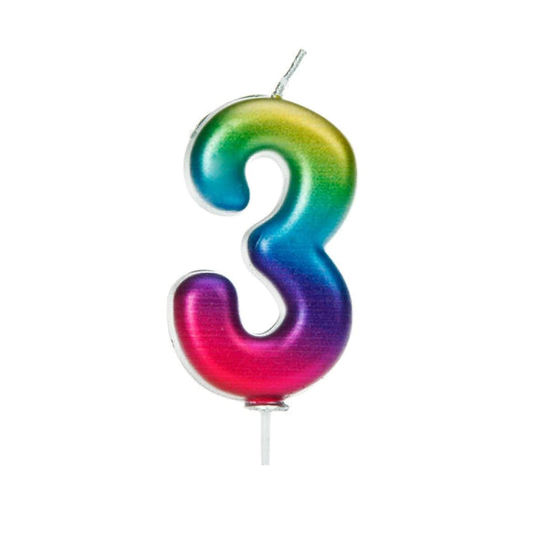 Creative Party Metallic Numeral Moulded Rainbow Pick Candle - Age 3 - Potters Cookshop