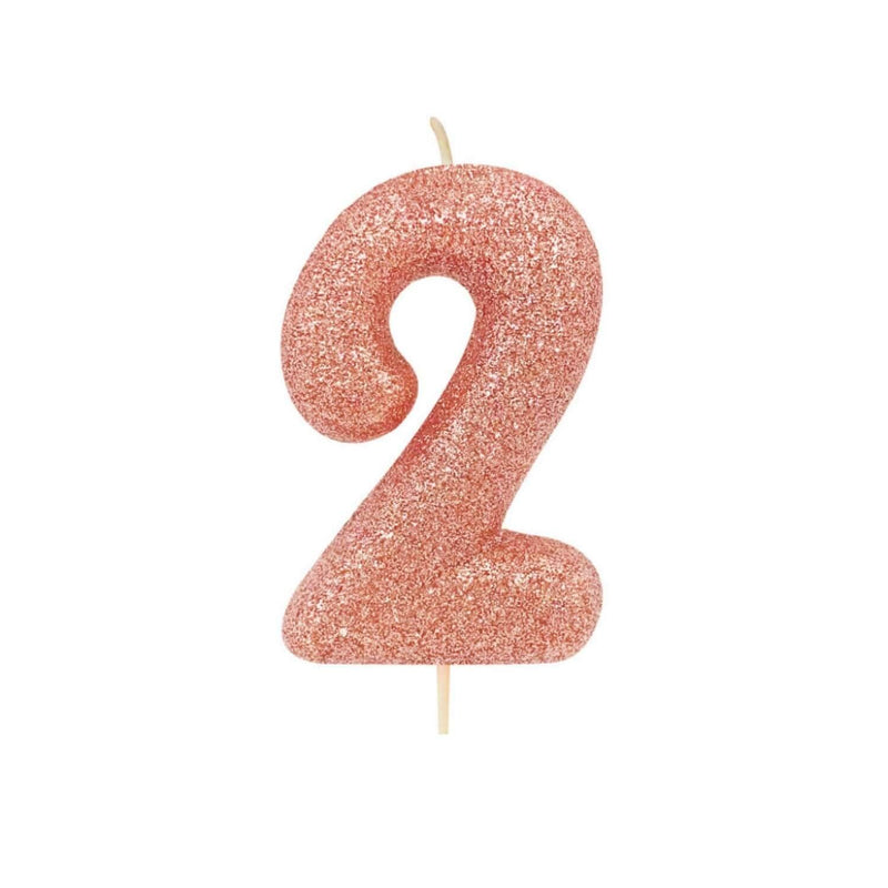 Creative Party Glitter Numeral Moulded Rose Gold Pick Candle - Age 2 - Potters Cookshop
