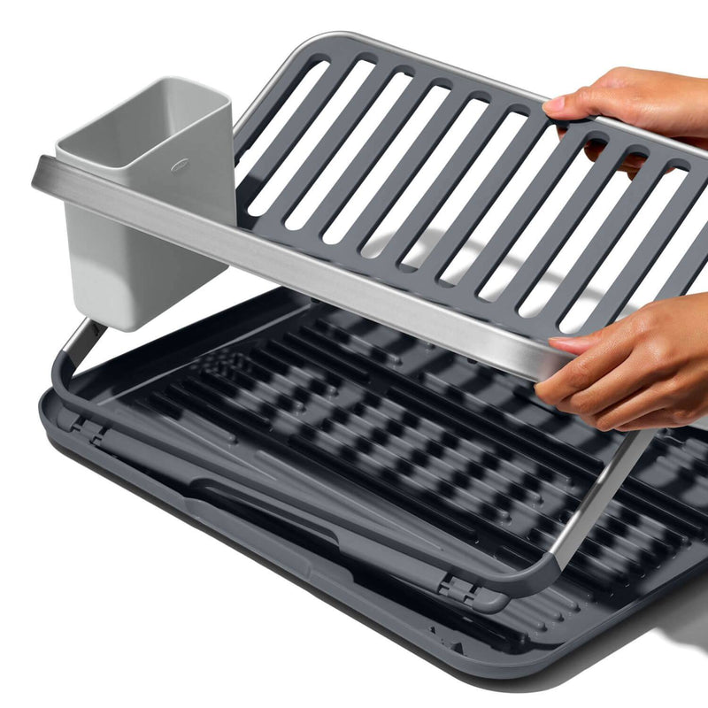 OXO Good Grips Aluminium Fold Flat Dish Rack - Grey - Potters Cookshop