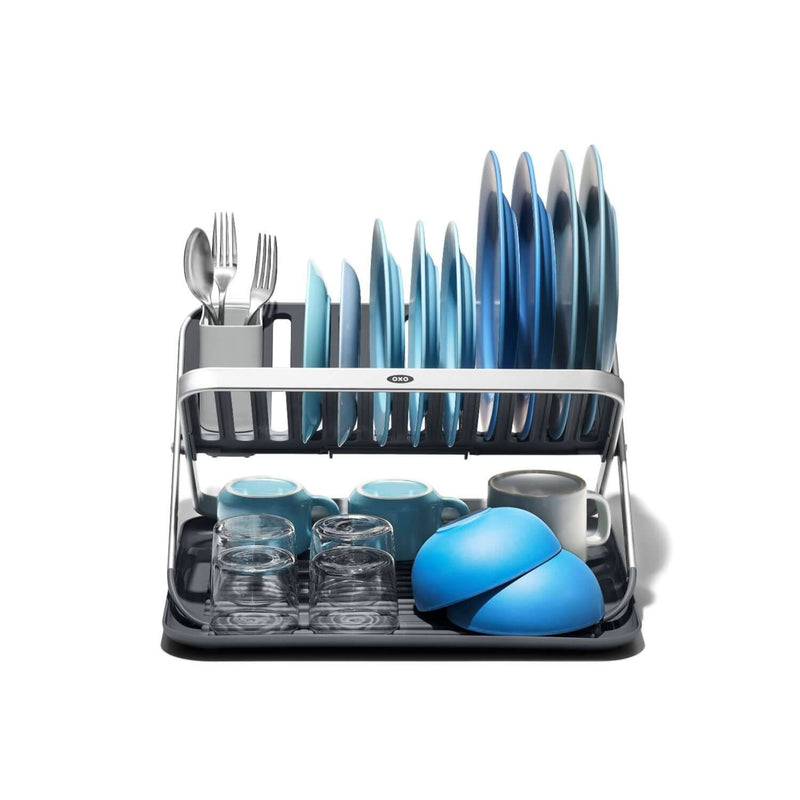 OXO Good Grips Aluminium Fold Flat Dish Rack - Grey - Potters Cookshop