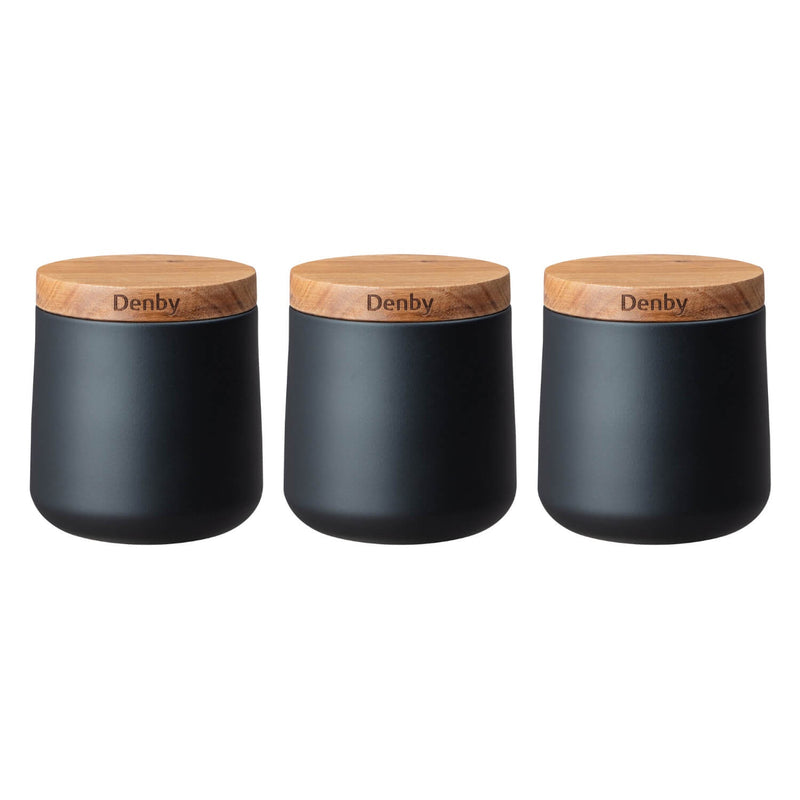 Denby Steel 3 Piece Canister Set With Acacia Wood Lids - Matte Black