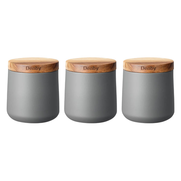 Denby Steel 3 Piece Canister Set With Acacia Wood Lids - Matte Grey