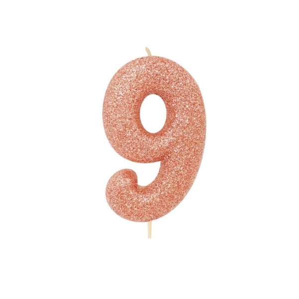 Creative Party Glitter Numeral Moulded Rose Gold Pick Candle - Age 9 - Potters Cookshop