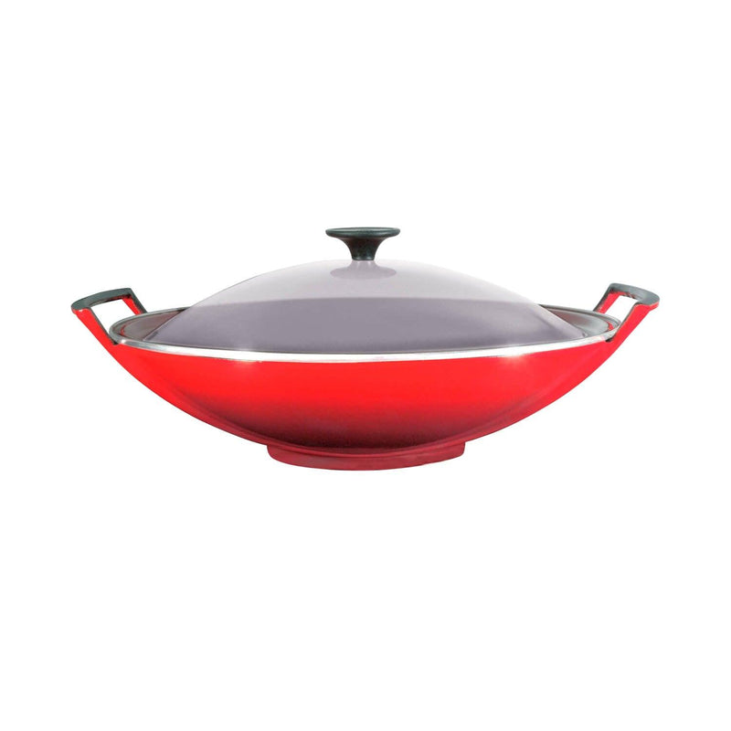 Le Creuset Cast Iron 36cm Wok & Glass Lid - Cerise - Potters Cookshop