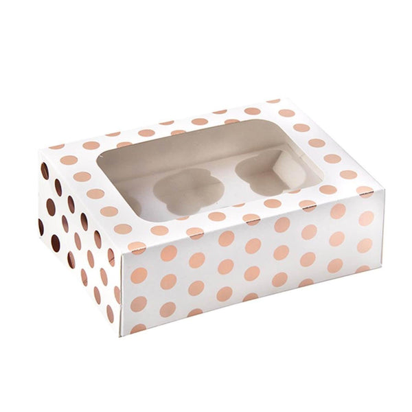 Creative Party 6 Cup Foil Cupcake Box - Rose Gold Polka Dot - Potters Cookshop