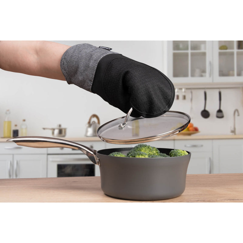 Kitchen Cooking Oven Gloves Set of 2 Herringbone BLACK Pot Mitts