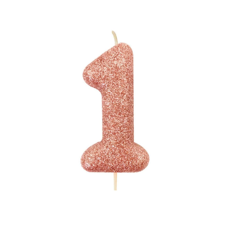 Creative Party Glitter Numeral Moulded Rose Gold Pick Candle - Age 1 - Potters Cookshop