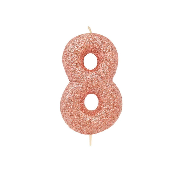 Creative Party Glitter Numeral Moulded Rose Gold Pick Candle - Age 8 - Potters Cookshop