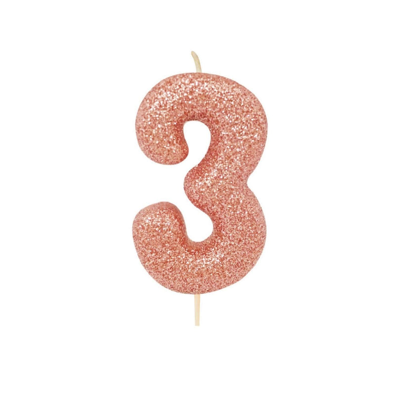 Creative Party Glitter Numeral Moulded Rose Gold Pick Candle - Age 3 - Potters Cookshop