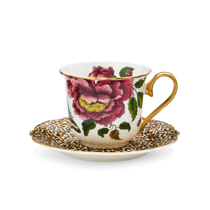 Spode Creatures of Curiosity Fluted Tea Cup & Saucer - Floral / Leopard