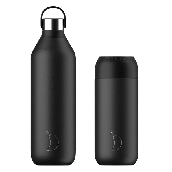 Chilly's Series 2 1 Litre Reusable Water Bottle & 50cl Coffee Cup Set - Abyss Black