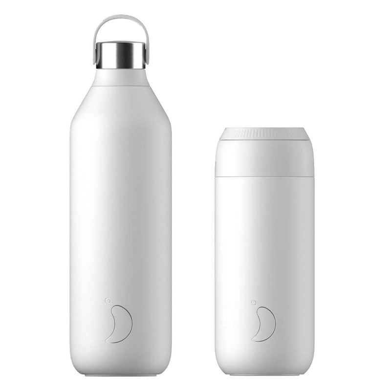 Chilly's Series 2 1 Litre Reusable Water Bottle & 50cl Coffee Cup Set - Arctic White