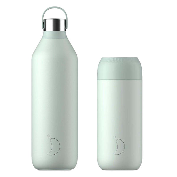 Chilly's Series 2 1 Litre Reusable Water Bottle & 50cl Coffee Cup Set - Lichen Green