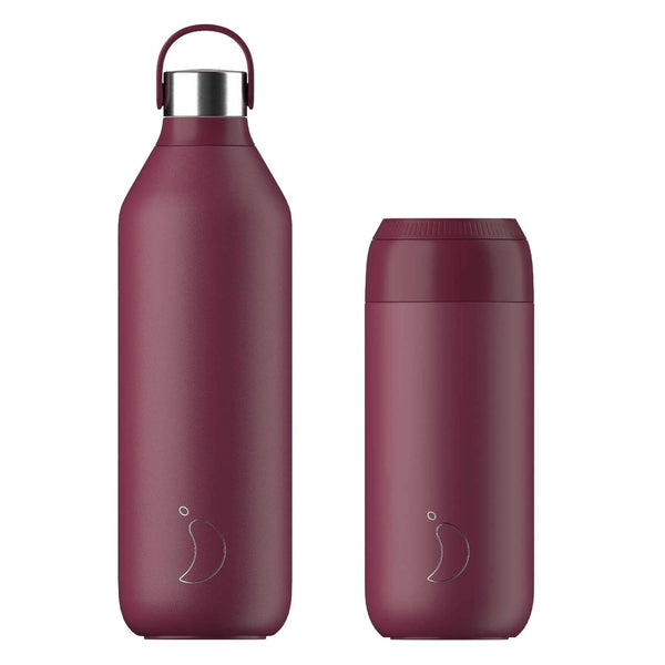 Chilly's Series 2 1 Litre Reusable Water Bottle & 50cl Coffee Cup Set - Plum Red