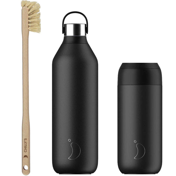 Chilly's Series 2 Reusable Water Bottle, Coffee Cup & Cleaning Brush Set - Abyss Black