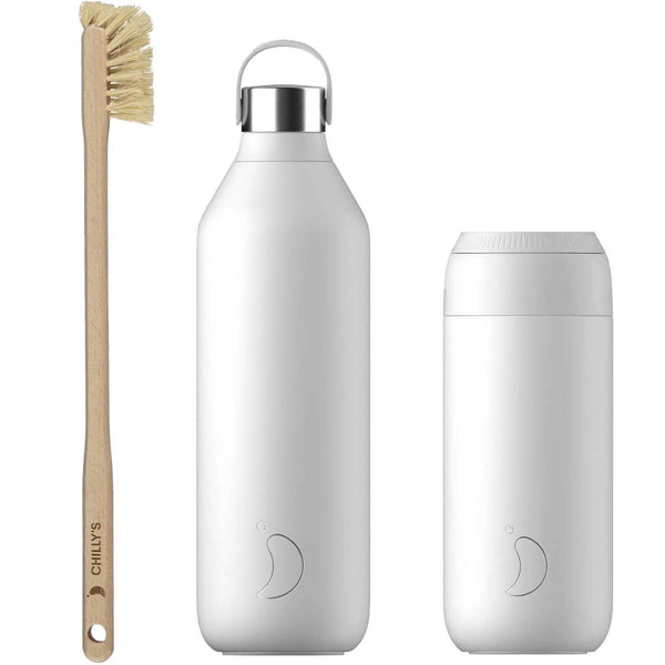 Chilly's Series 2 Reusable Water Bottle, Coffee Cup & Cleaning Brush Set - Arctic White