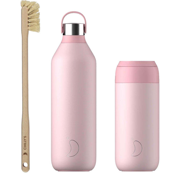 Chilly's Series 2 Reusable Water Bottle, Coffee Cup & Cleaning Brush Set - Blush Pink