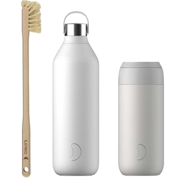 Chilly's Series 2 Reusable Water Bottle, Coffee Cup & Cleaning Brush Set - Granite Grey