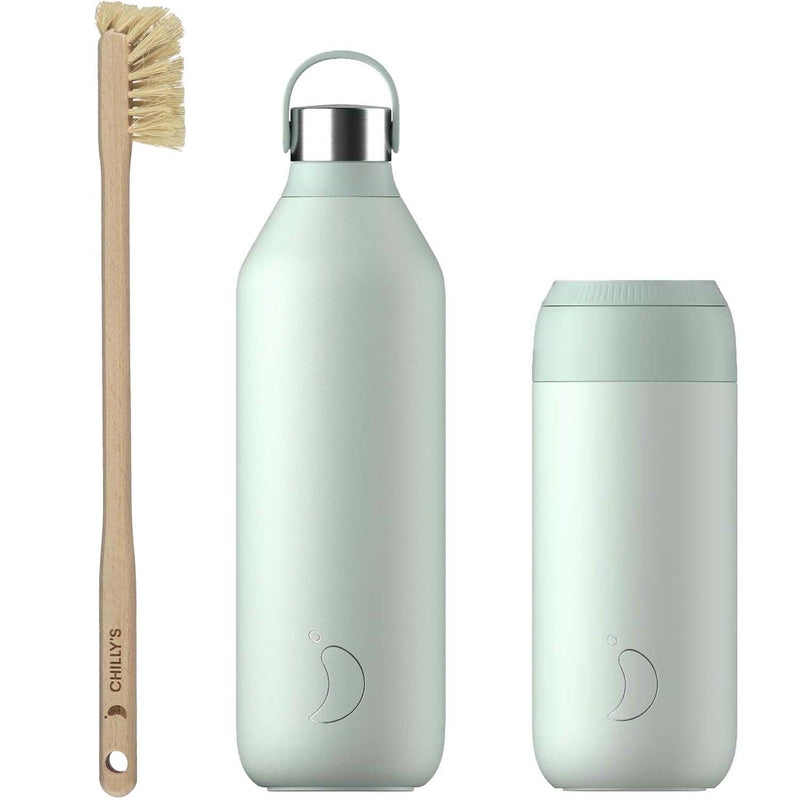 Chilly's Series 2 Reusable Water Bottle, Coffee Cup & Cleaning Brush Set - Lichen Green