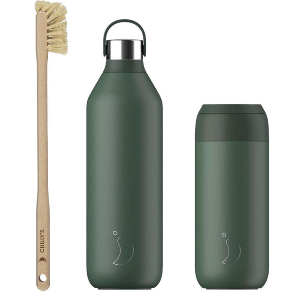 Chilly's Series 2 Reusable Water Bottle, Coffee Cup & Cleaning Brush Set - Pine Green