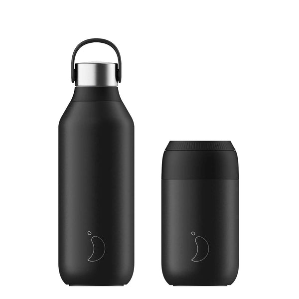 Chilly's Series 2 500ml Hydration Reusable Water Bottle & 34cl Coffee Cup Set - Abyss Black