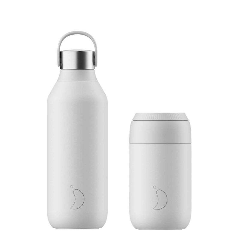 Chilly's Series 2 500ml Hydration Reusable Water Bottle & 34cl Coffee Cup Set - Arctic White
