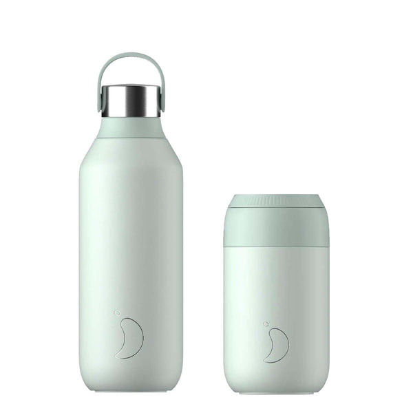 Chilly's Series 2 500ml Hydration Reusable Water Bottle & 34cl Coffee Cup Set - Lichen Green
